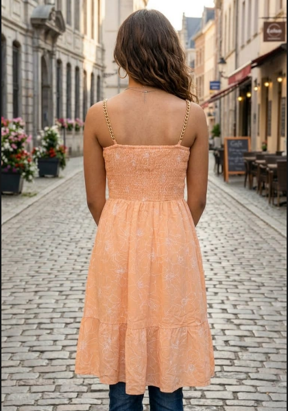 Peach floral padded dress with chain straps
