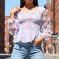 Lavender Floral Sleeve Smocked Peplum Top