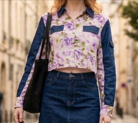 Floral Denim Contrast Crop Shirt