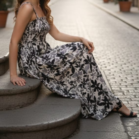 Monochrome Floral Flare Dress