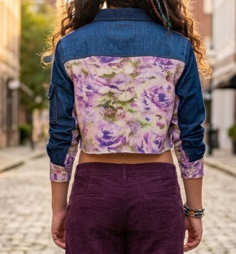 Floral Denim Contrast Crop Shirt