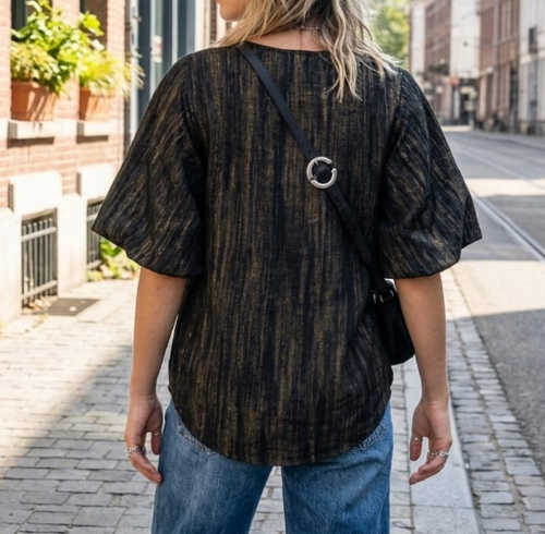 Black Textured V-Neck Top