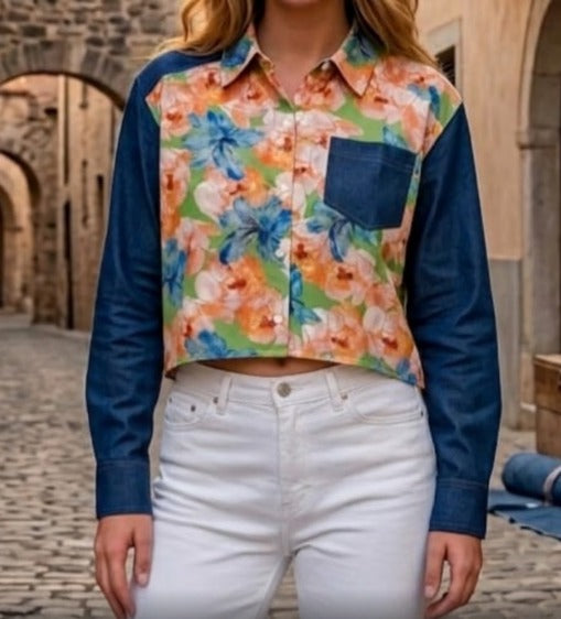 Floral Denim Contrast Crop Shirt