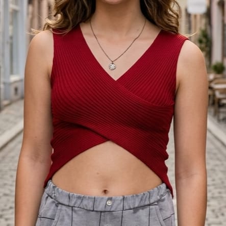 Ribbed Wrap Crop Top with Lace Back Detail