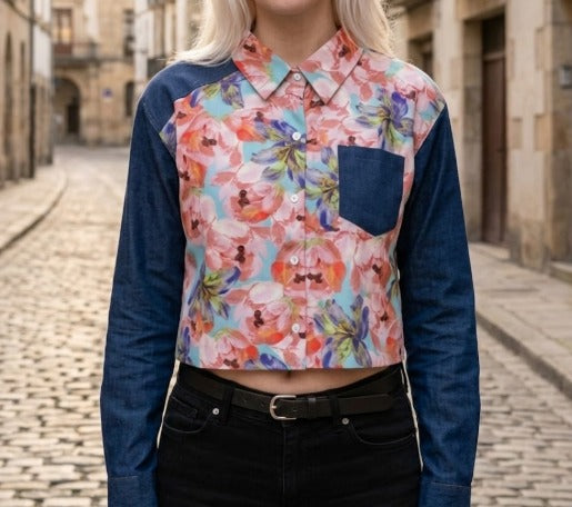 Floral Denim Contrast Crop Shirt