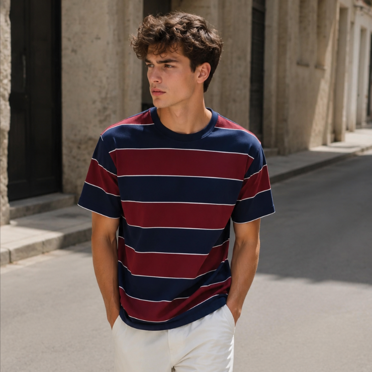Classic Rugby Stripe Oversized High GSM Pure Cotton Men's T-Shirt