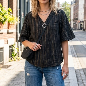 Black Textured V-Neck Top