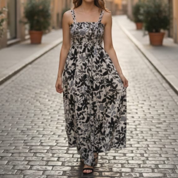 Monochrome Floral Flare Dress